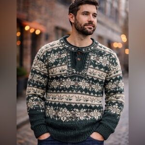 Namaste Woolens Fair Isle Nordic Knit Sweater – 100% Wool Green Made in Nepal L?